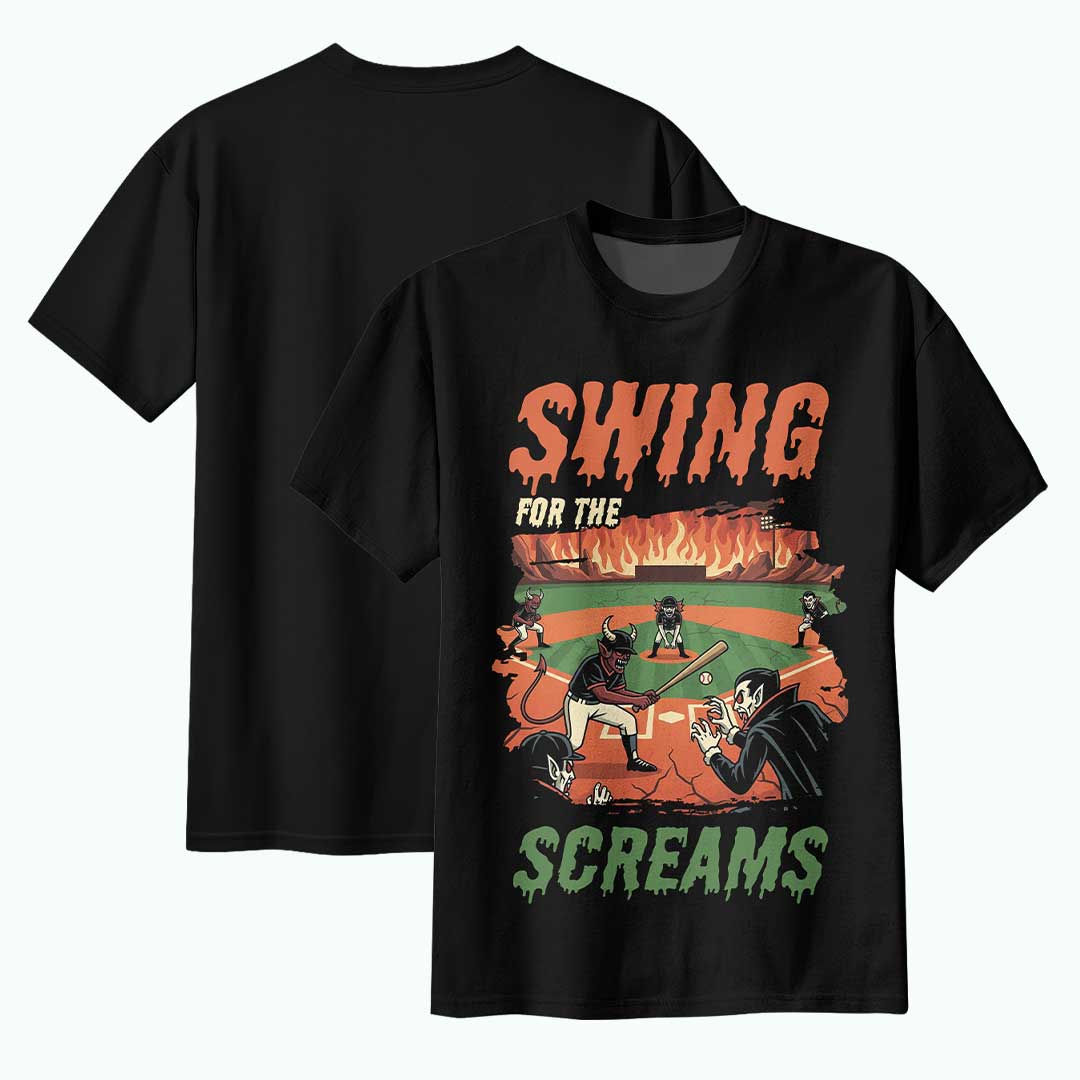 Swing For The Screams Black White Baseball Halloween T-Shirt