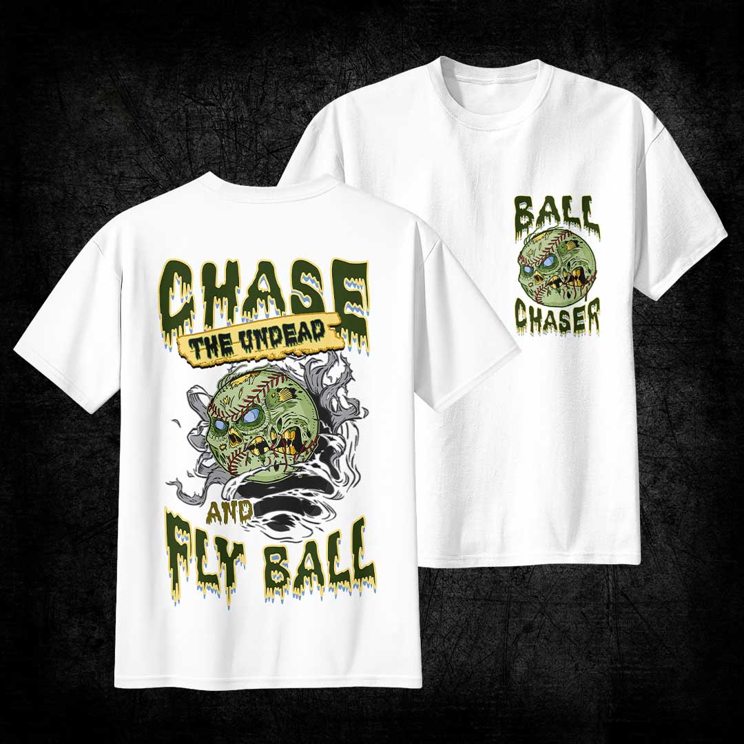 Chase The Undead And Fly Ball Black White Baseball Halloween T-Shirt