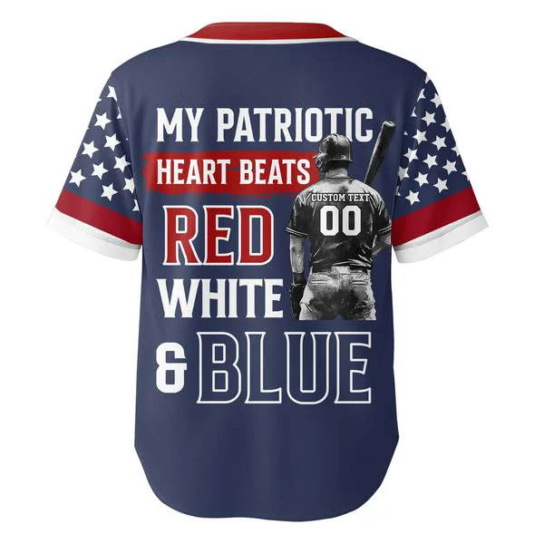 My Patriotic Heart Beats Red White & Blue - Men's American Flag Baseball Jersey 4th - Custom Name Custom Number