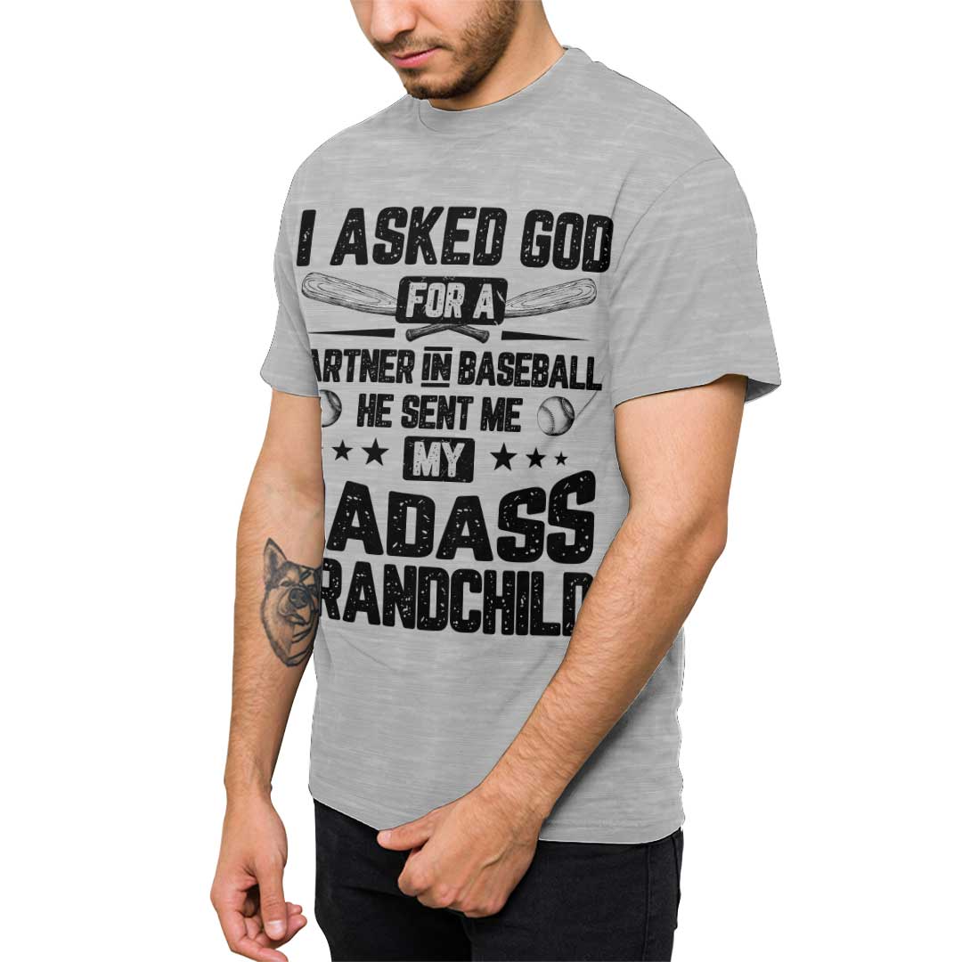I Asked God For A Partner In Baseball - Military Green and Grey Baseball T-Shirt