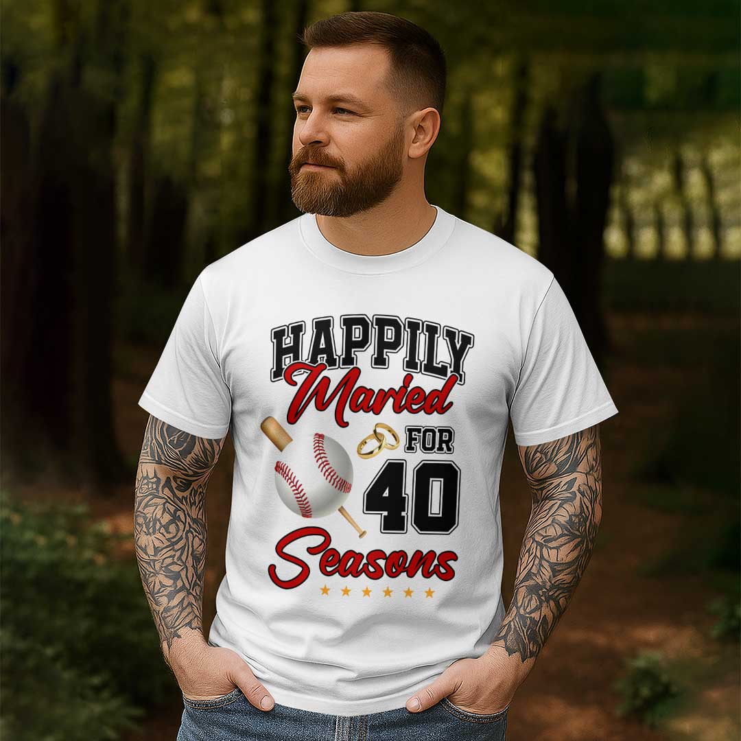 Happily Married For Many Seasons - Black White Baseball Couple T-Shirt