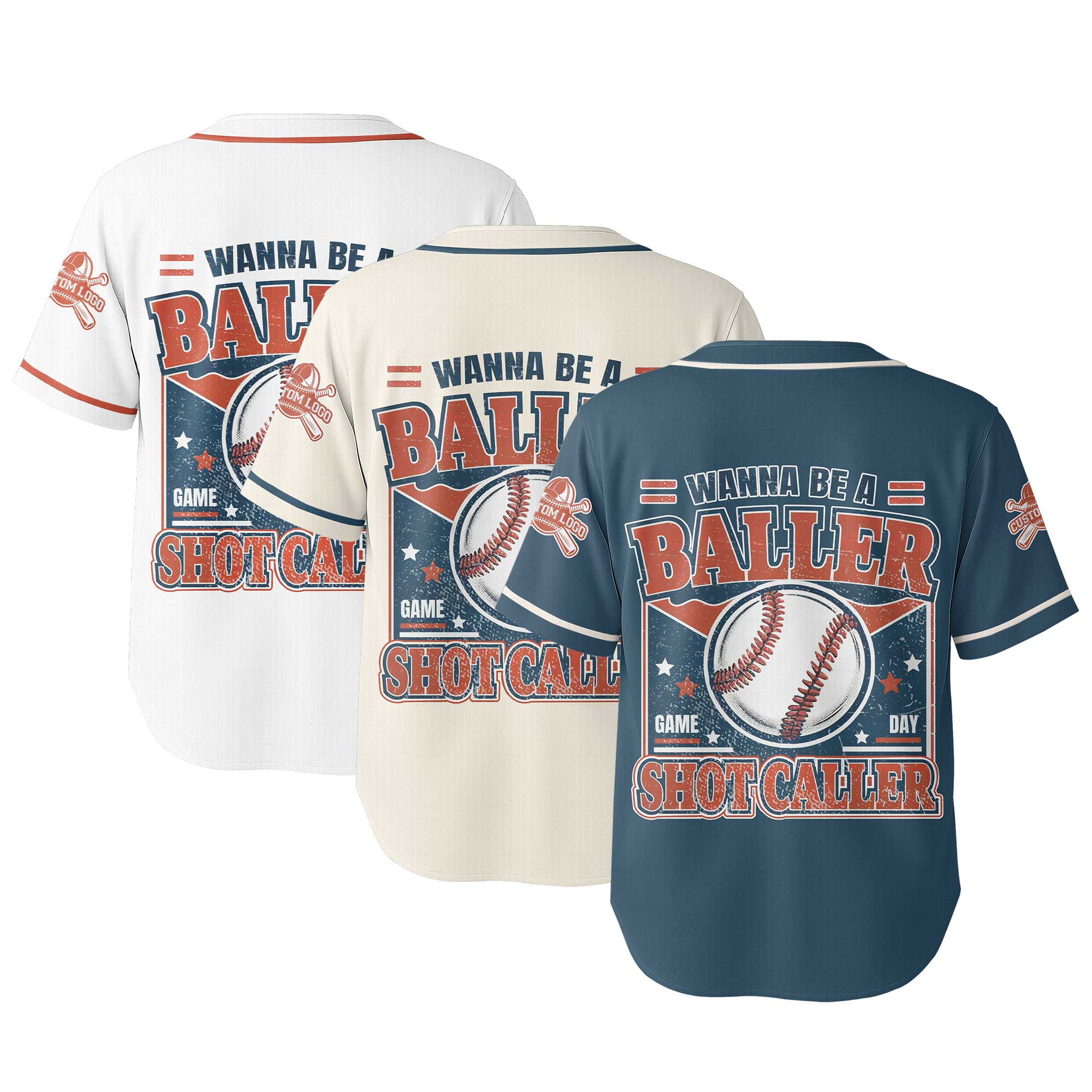 Wanna Be A Baller Shot Caller - Custom Cream Navy White Baseball Jersey
