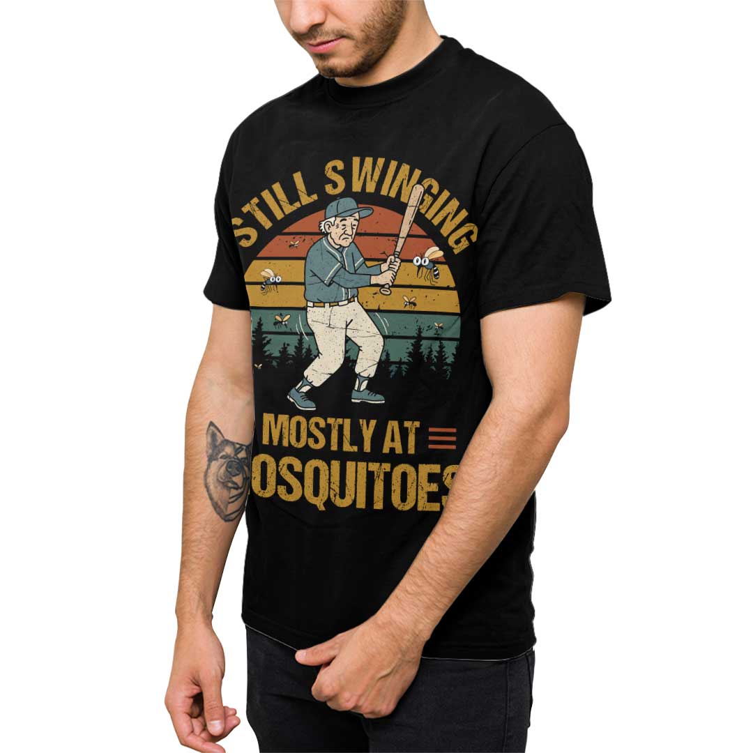 Still Swinging... Mostly At Mosquitoes - Black Grey Green Baseball T-Shirt