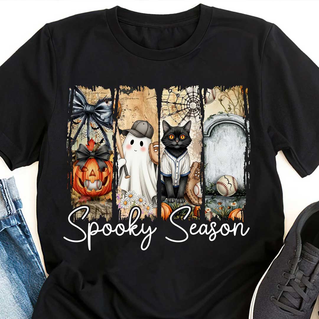 Spooky Season Black White Baseball Halloween T-Shirt