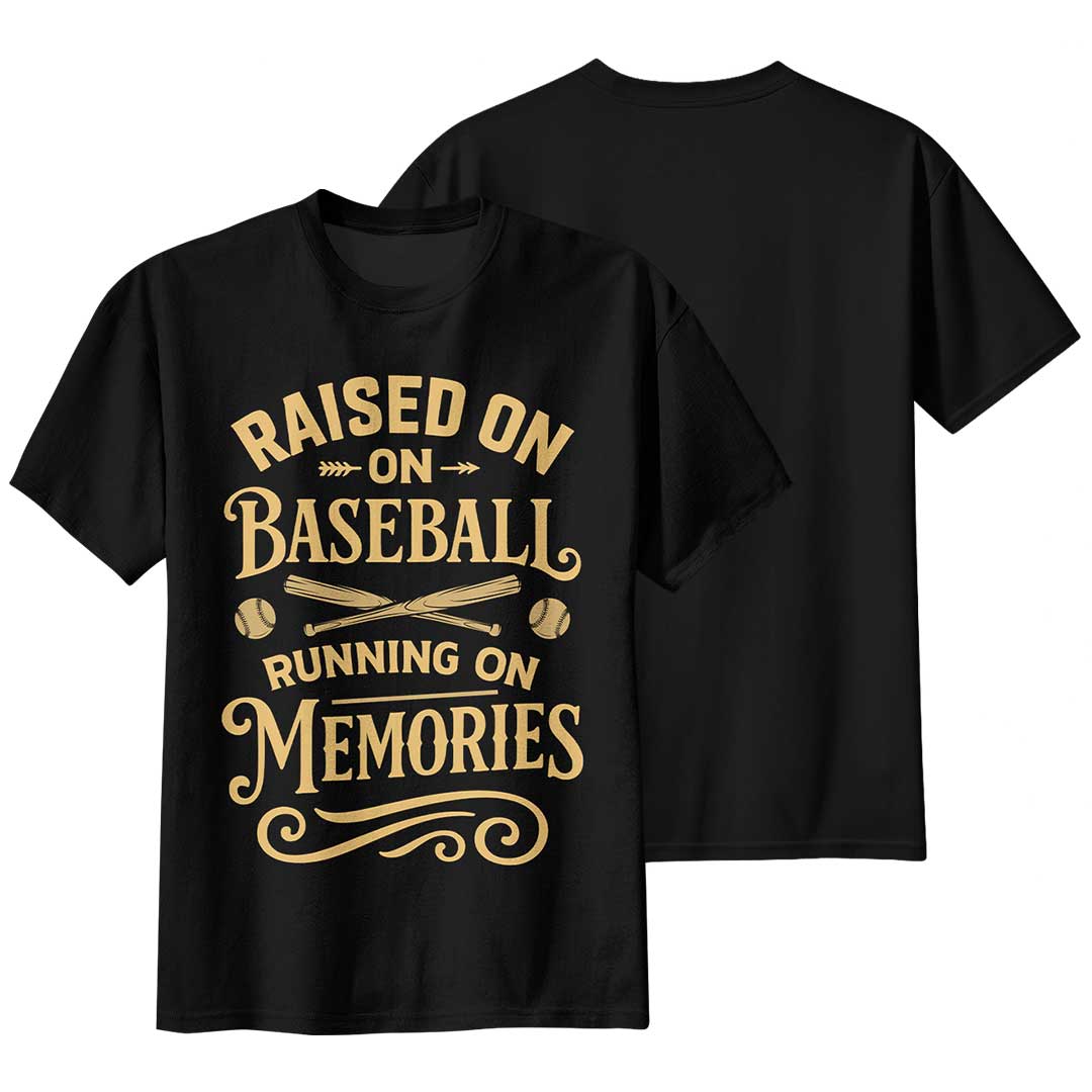 Raised On Baseball Running On Memories - Black White Baseball T-Shirt