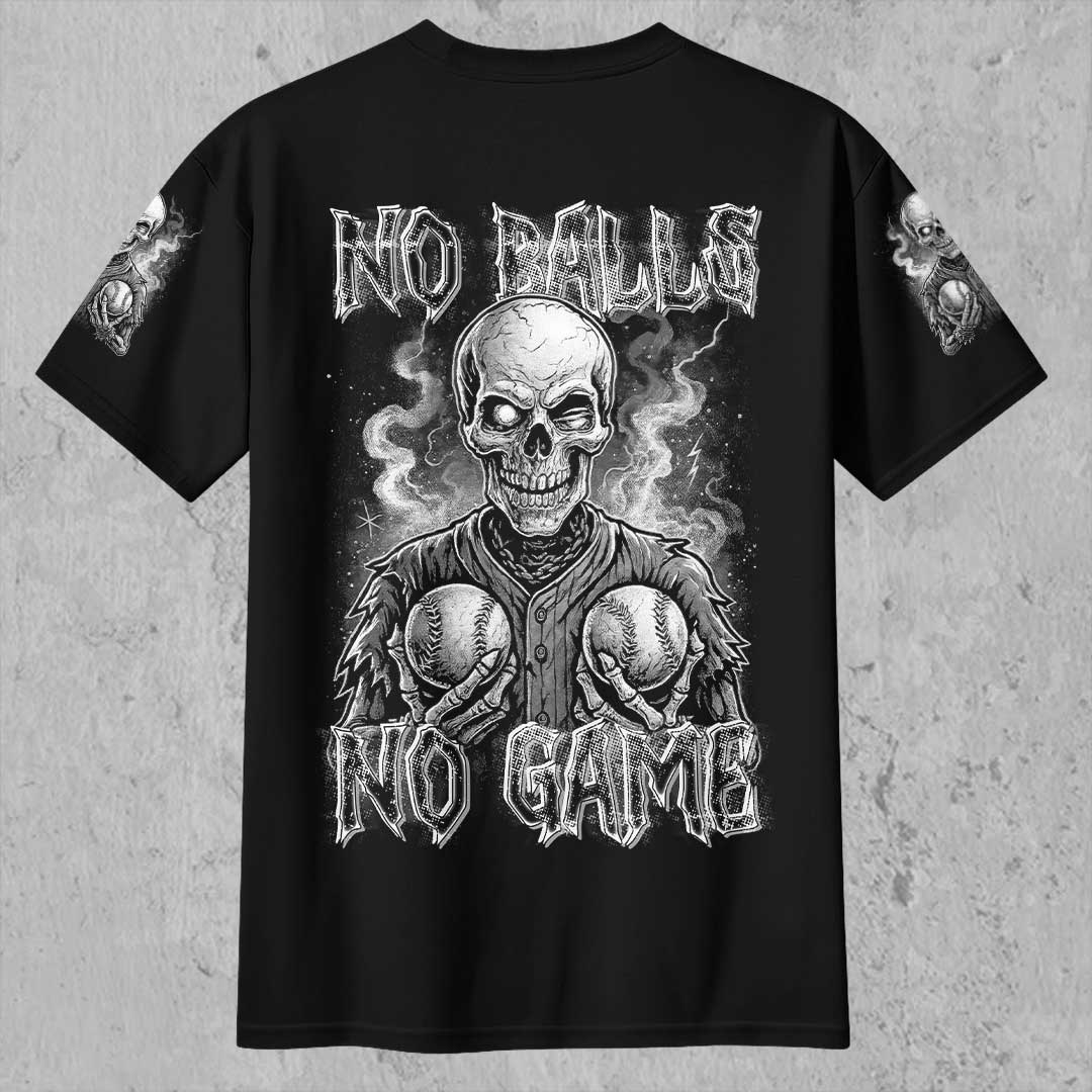 No Balls No Game All Over Print Skull Baseball T-Shirt