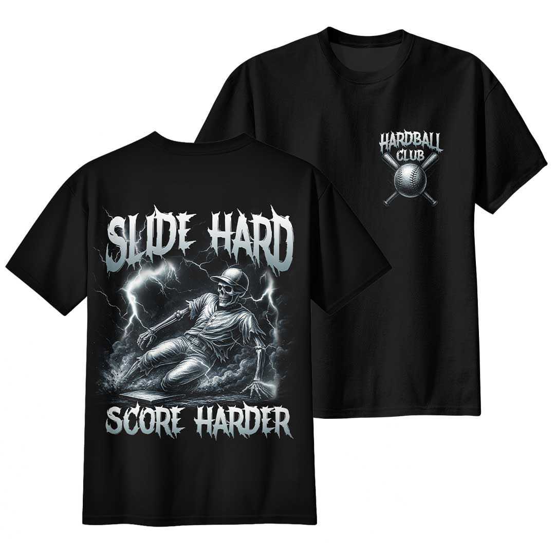 Slide Hard Score Harder All Over Print Skull Baseball T-Shirt
