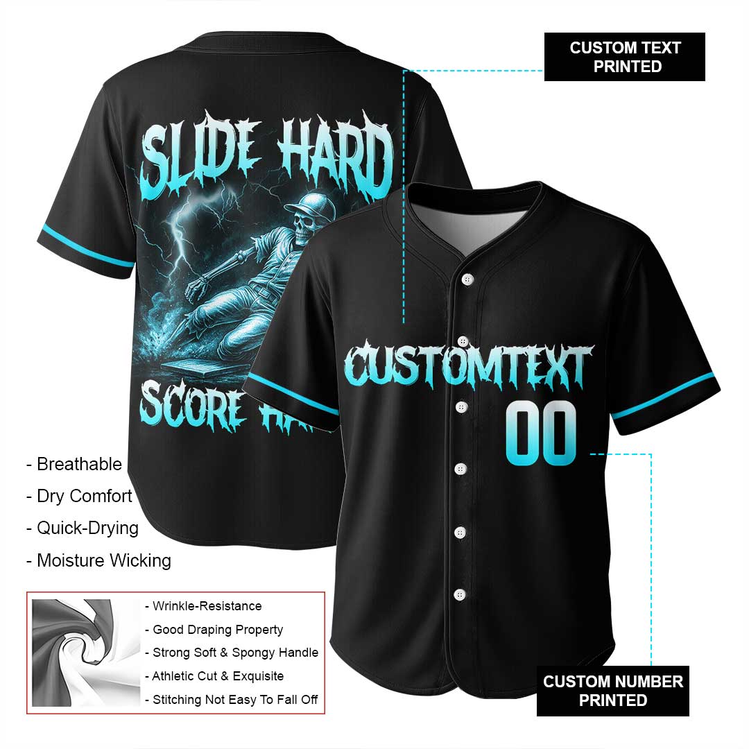 Slide Hard Score Harder - Custom Black Skull Baseball Jersey