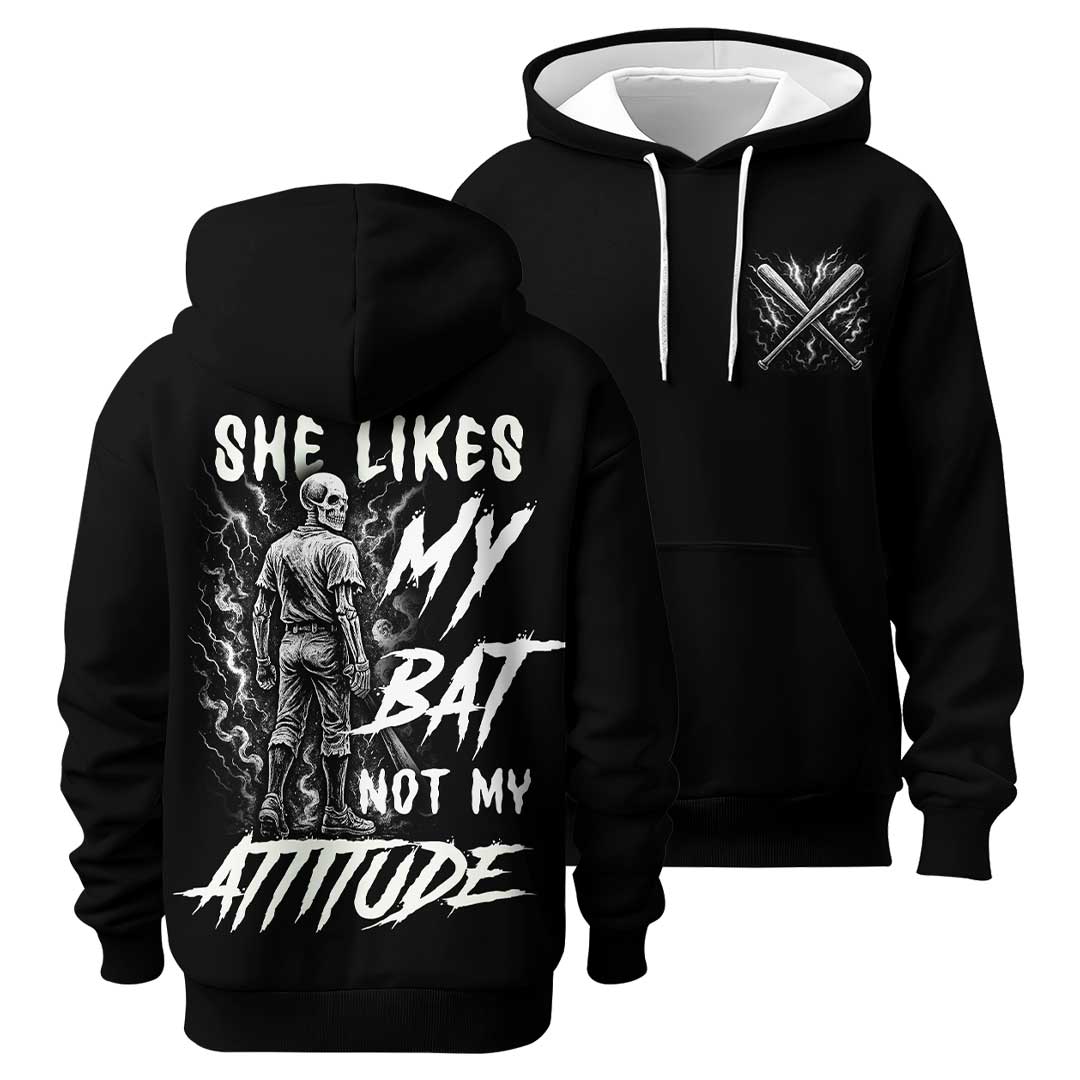 She Likes My Bat Not My Attitude - Custom Black Skull Baseball Hoodie