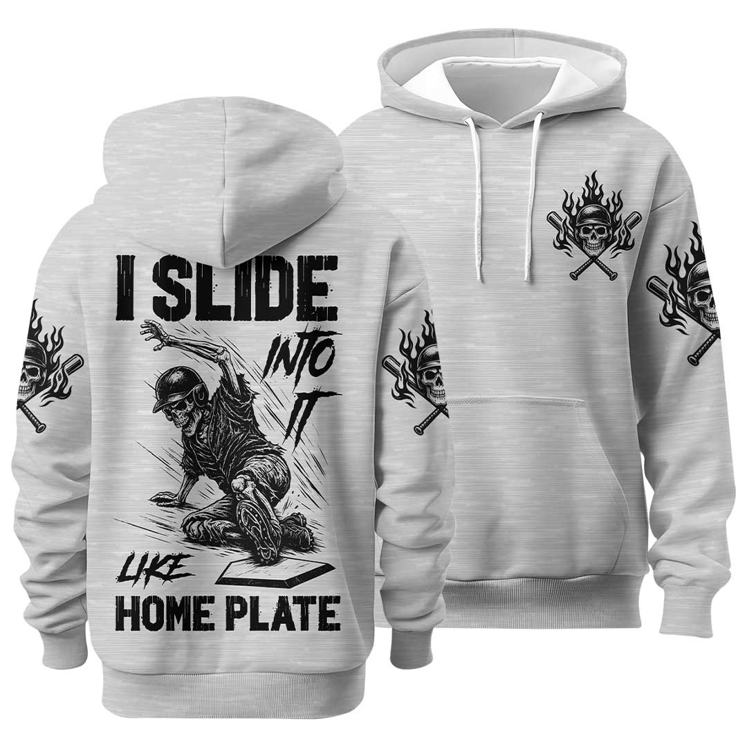 I Slide Into It Like Home Plate - Custom Black Grey Skull Baseball Hoodie