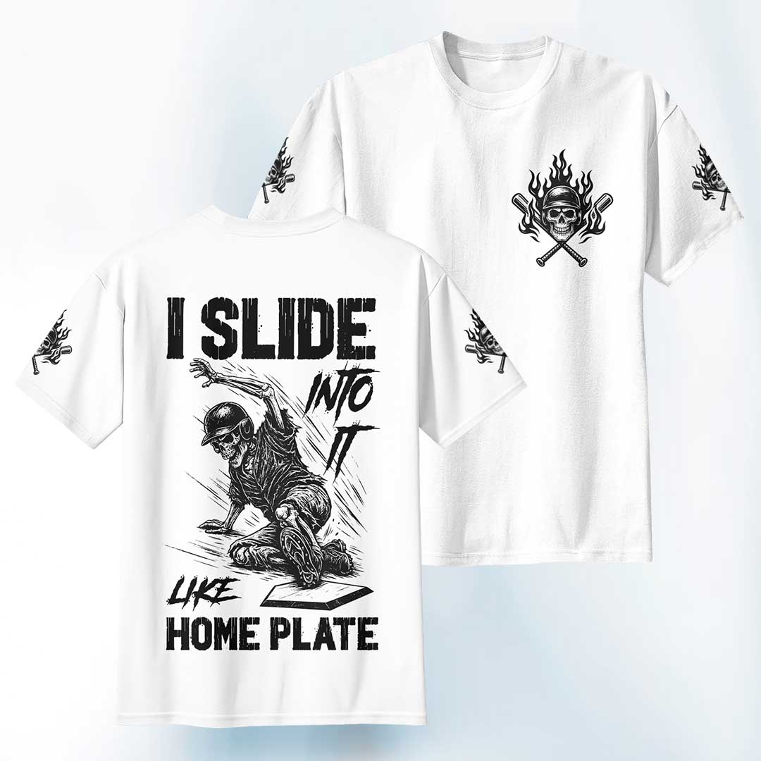 I Slide Into It Like Home Plate All Over Print Skull Baseball T-Shirt