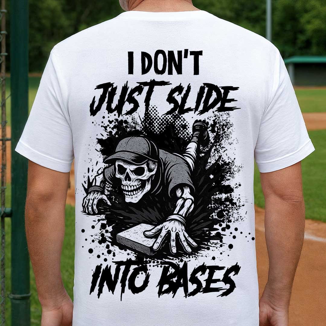 I Don't Just Slide Into Bases All Over Print Skull Baseball T-Shirt