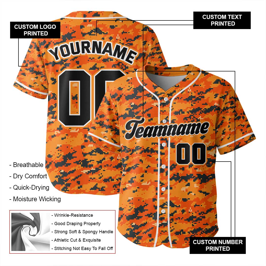 Custom Baseball Jersey with Orange Camouflage Pattern