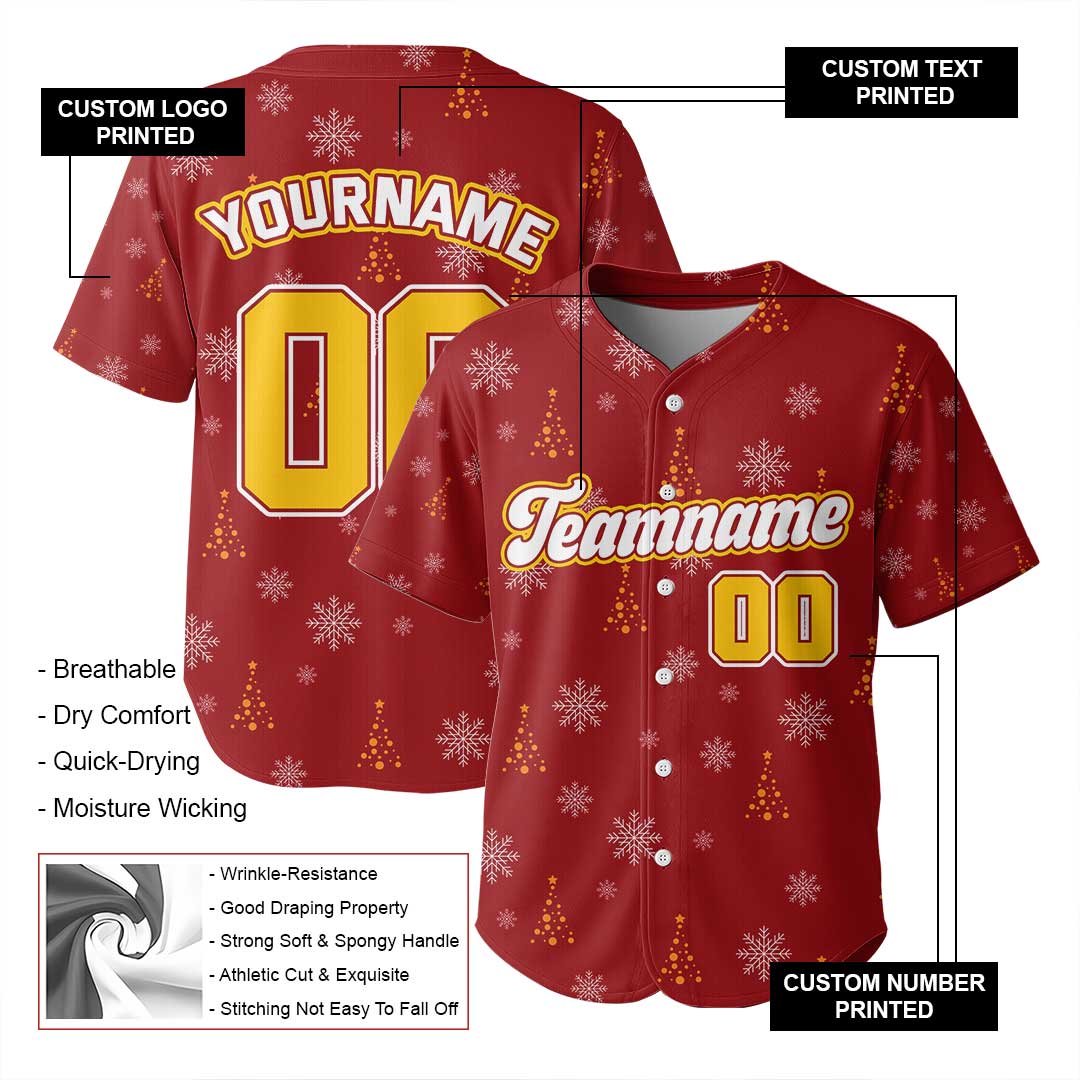 Custom Christmas Baseball Jersey with Snowflake and Pine Tree Pattern