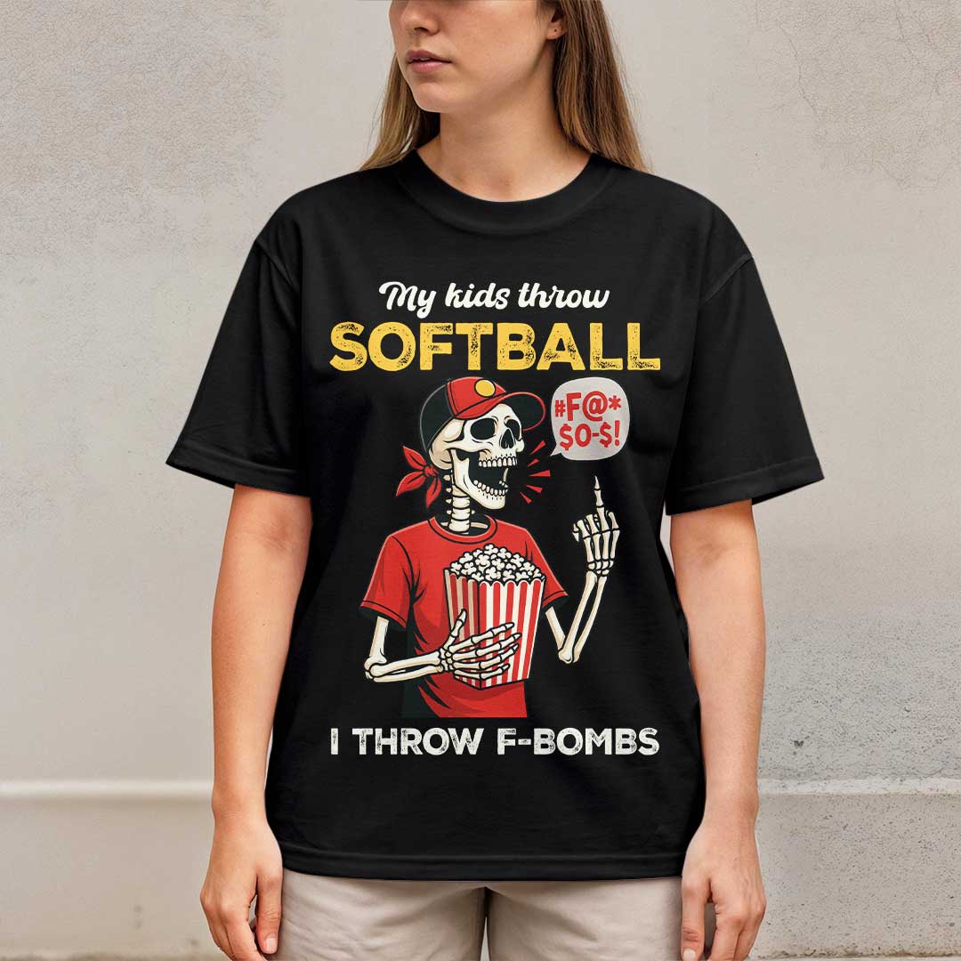 My Kids Throw Softball I Throw F-Bombs - Black White Navy Softball Tshirt