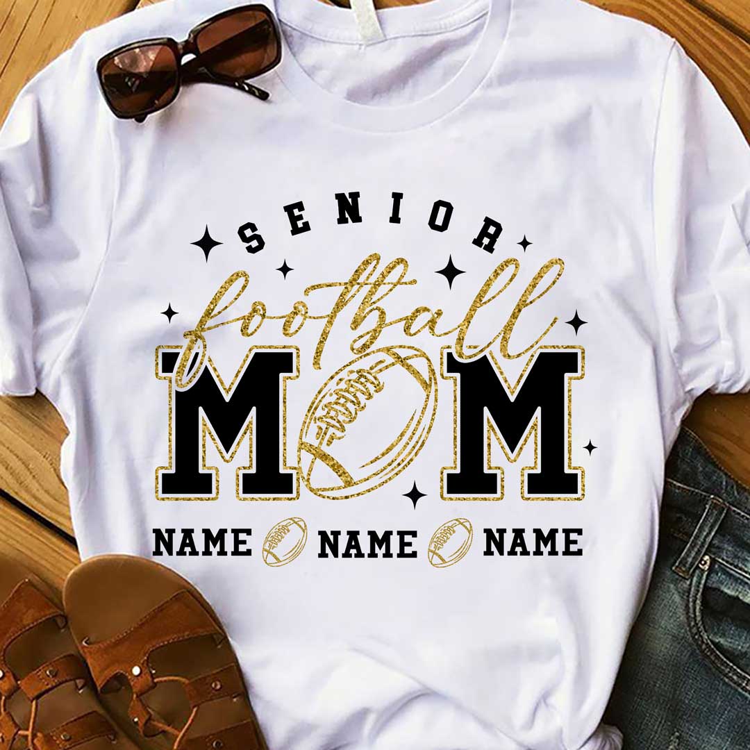 Senior Football Mom - Black and White Custom Football T-Shirt