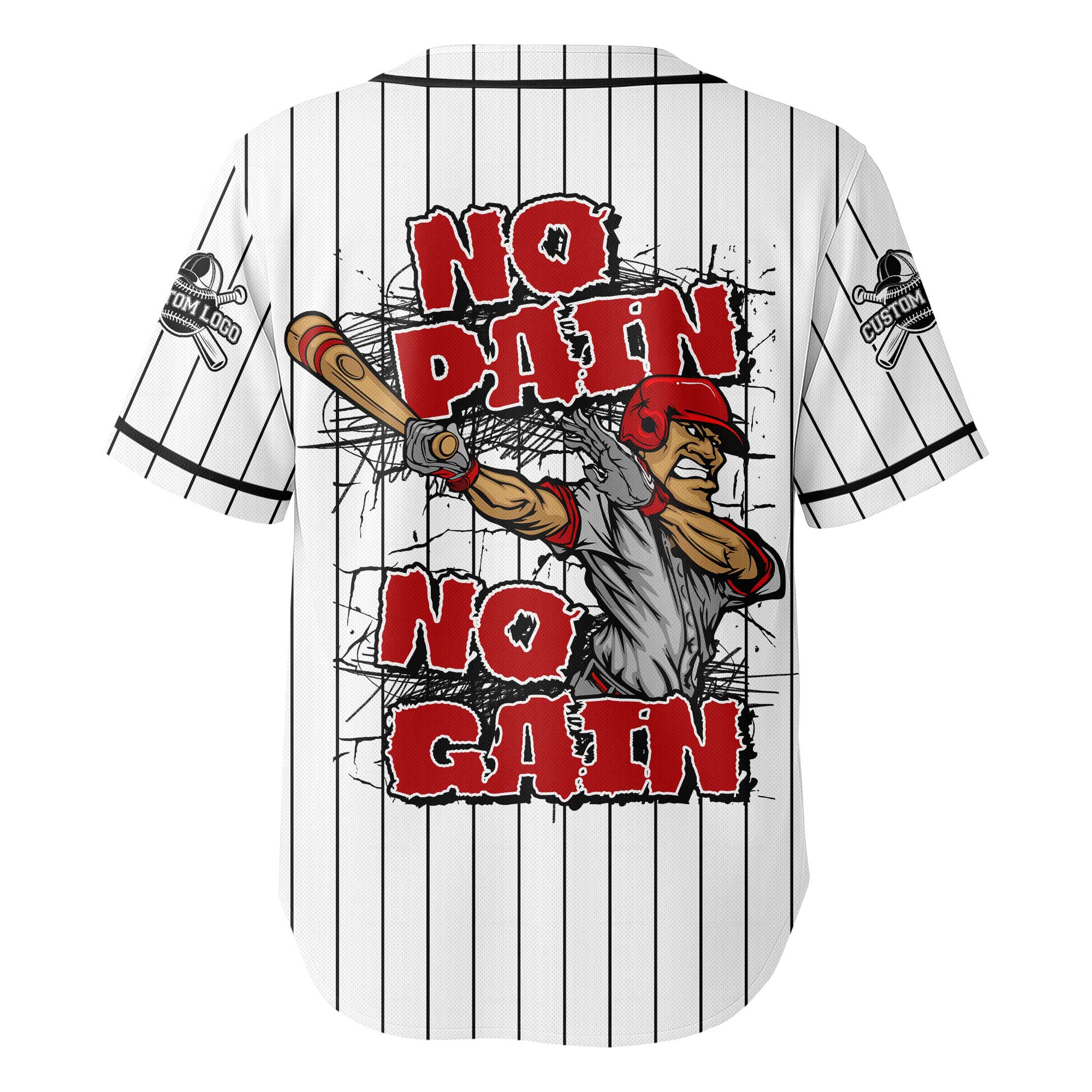 No Pain No Gain - Custom White Black Stripes Baseball Jersey