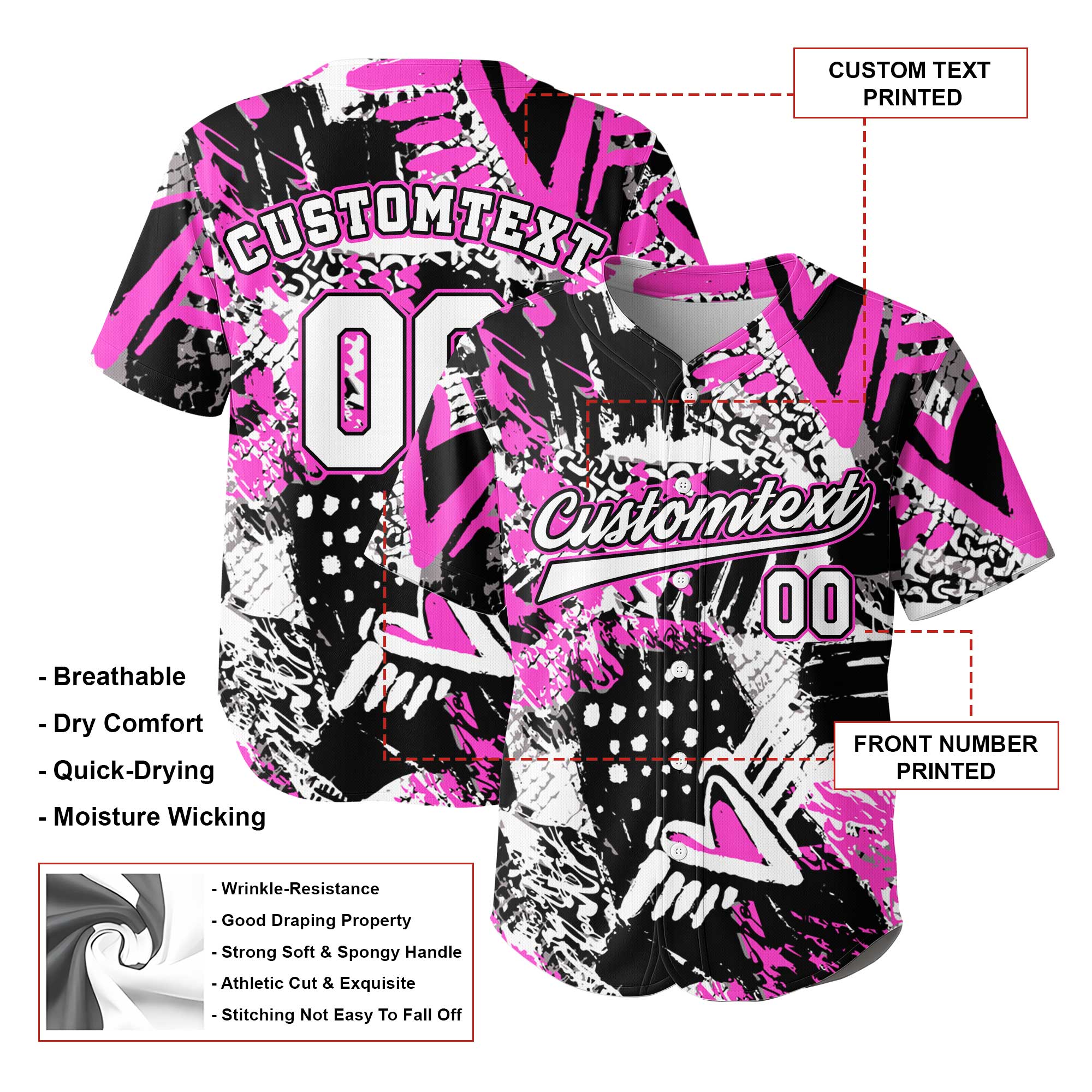 Custom Pink Ink Brush Stroke Pattern Baseball Jersey