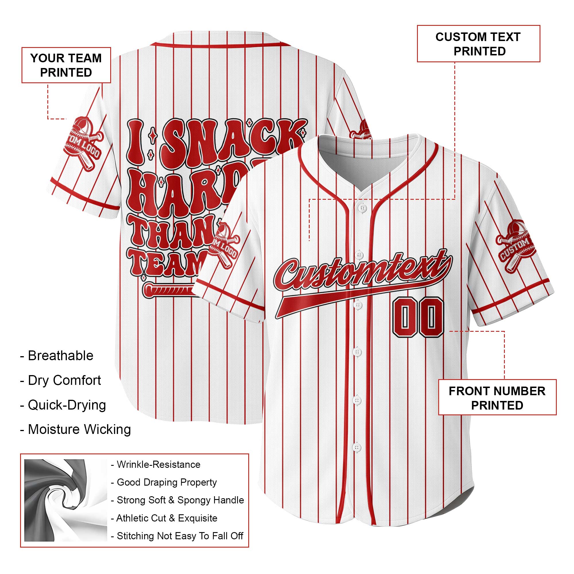 I Snack Harder Than Your Team Plays - Custom White with Red Stripes Baseball Jersey