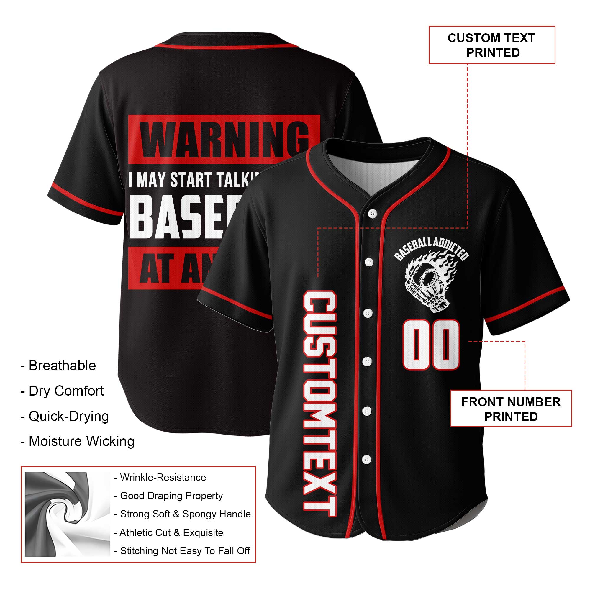 Warning: Nonstop Yapping About Baseball - Custom Black and Red Baseball Jersey