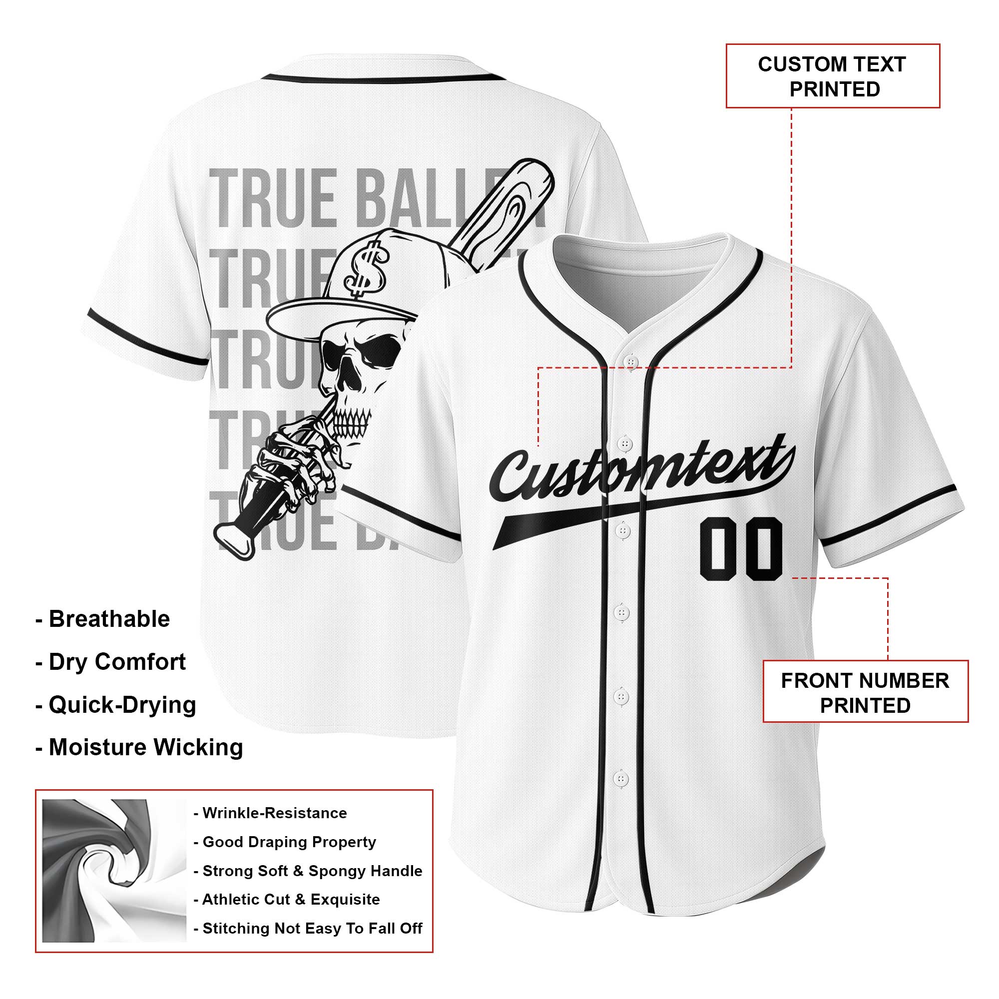 TRUE BALLER - Custom White Black Baseball Jersey