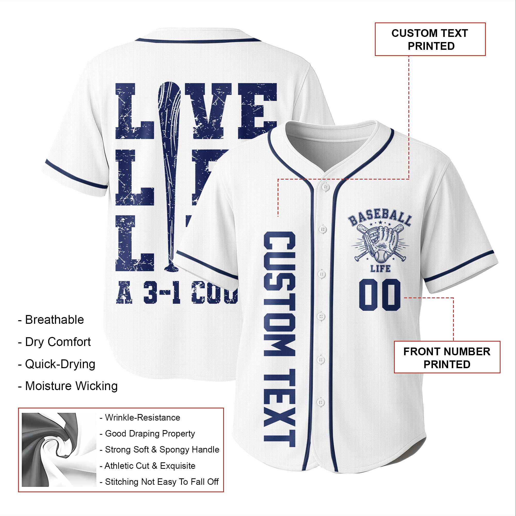 Live Life Like A 3-1 Count - Custom White and Navy Baseball Jersey