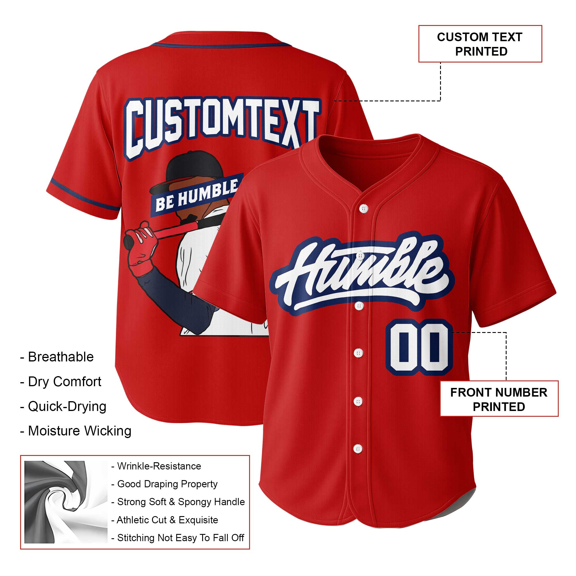 BE HUMBLE - Custom Red Navy Baseball Jersey