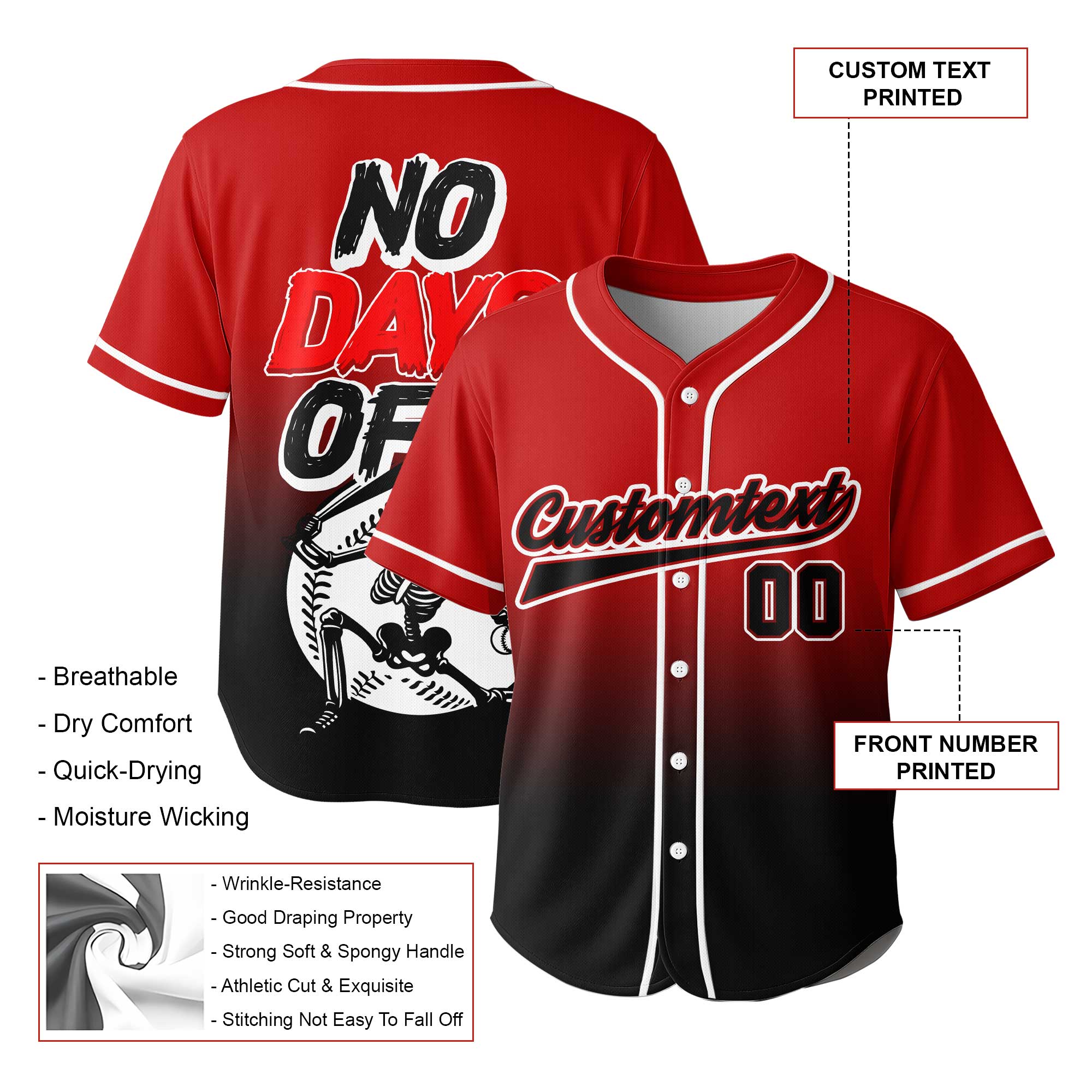 No Days Off - Custom Red Black Gradient Baseball Jersey