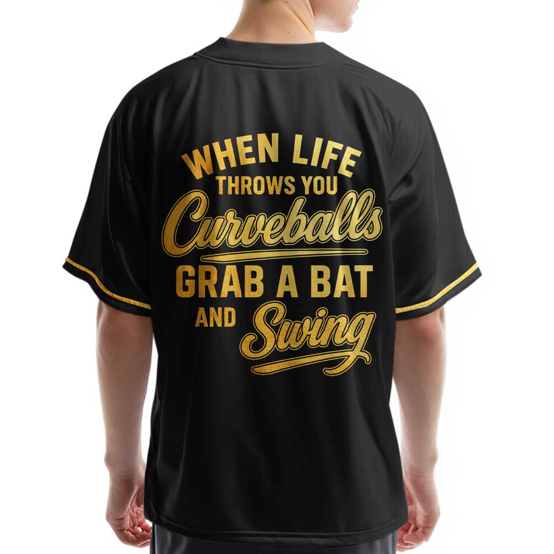 Grab A Bat And Swing - Custom Black with Golden Texture Baseball Jersey