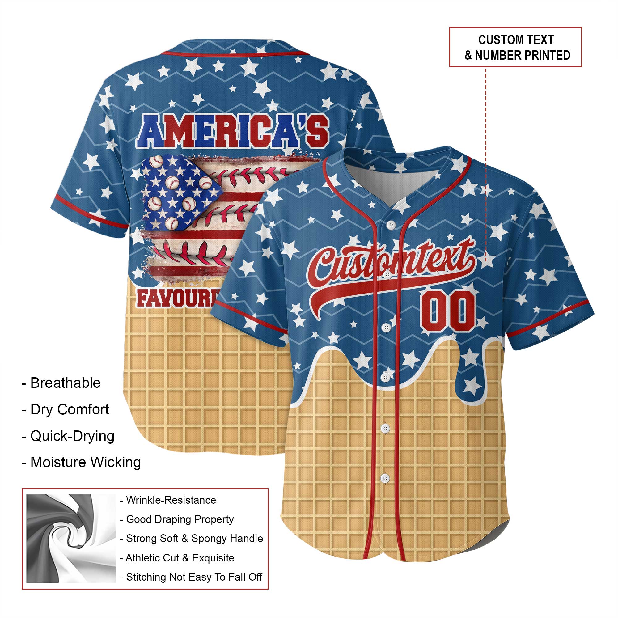 America's Favourite Pastime - Custom 4th Of July Ice Cream Baseball Jersey