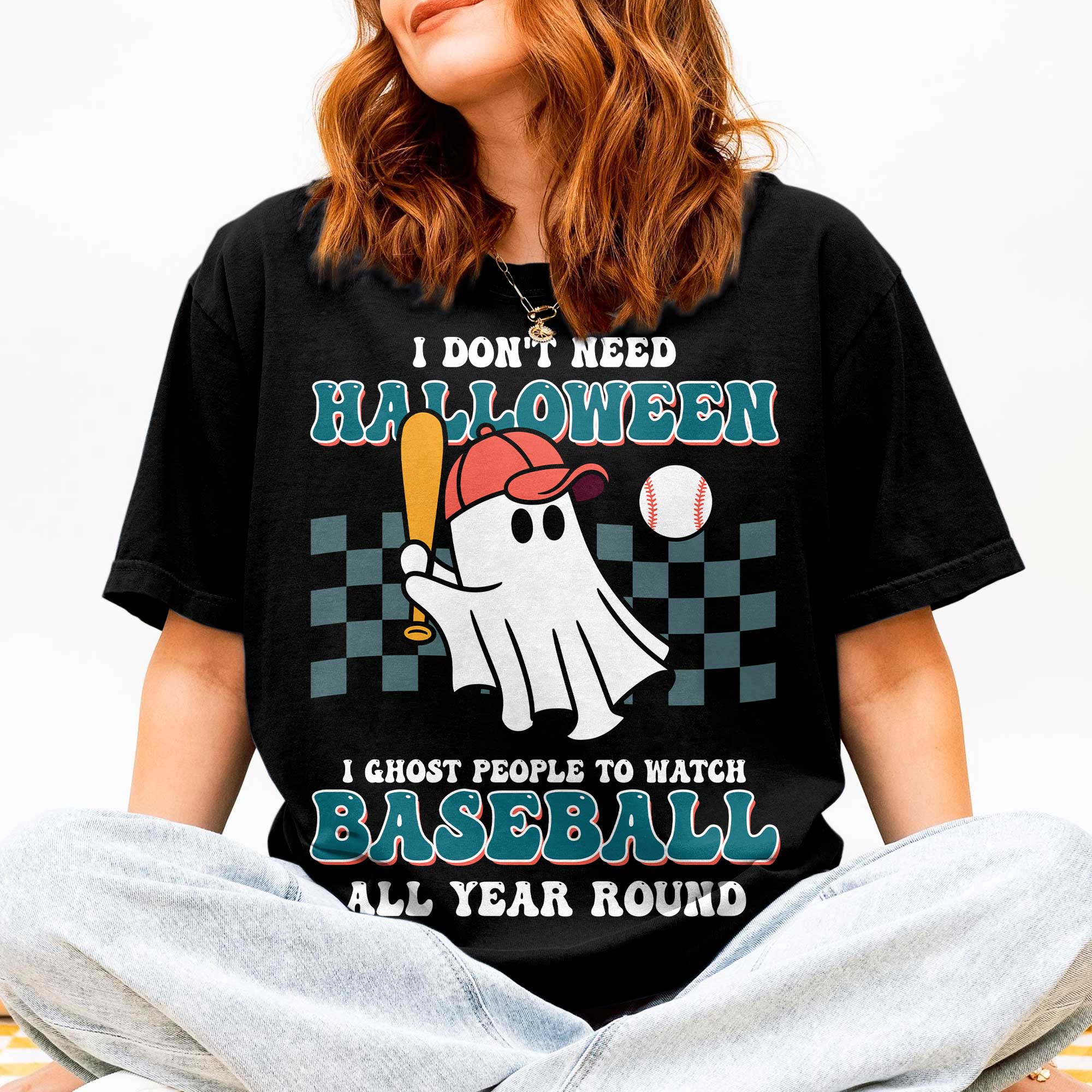 Ghost People All Year Round Black White Baseball Halloween T-Shirt