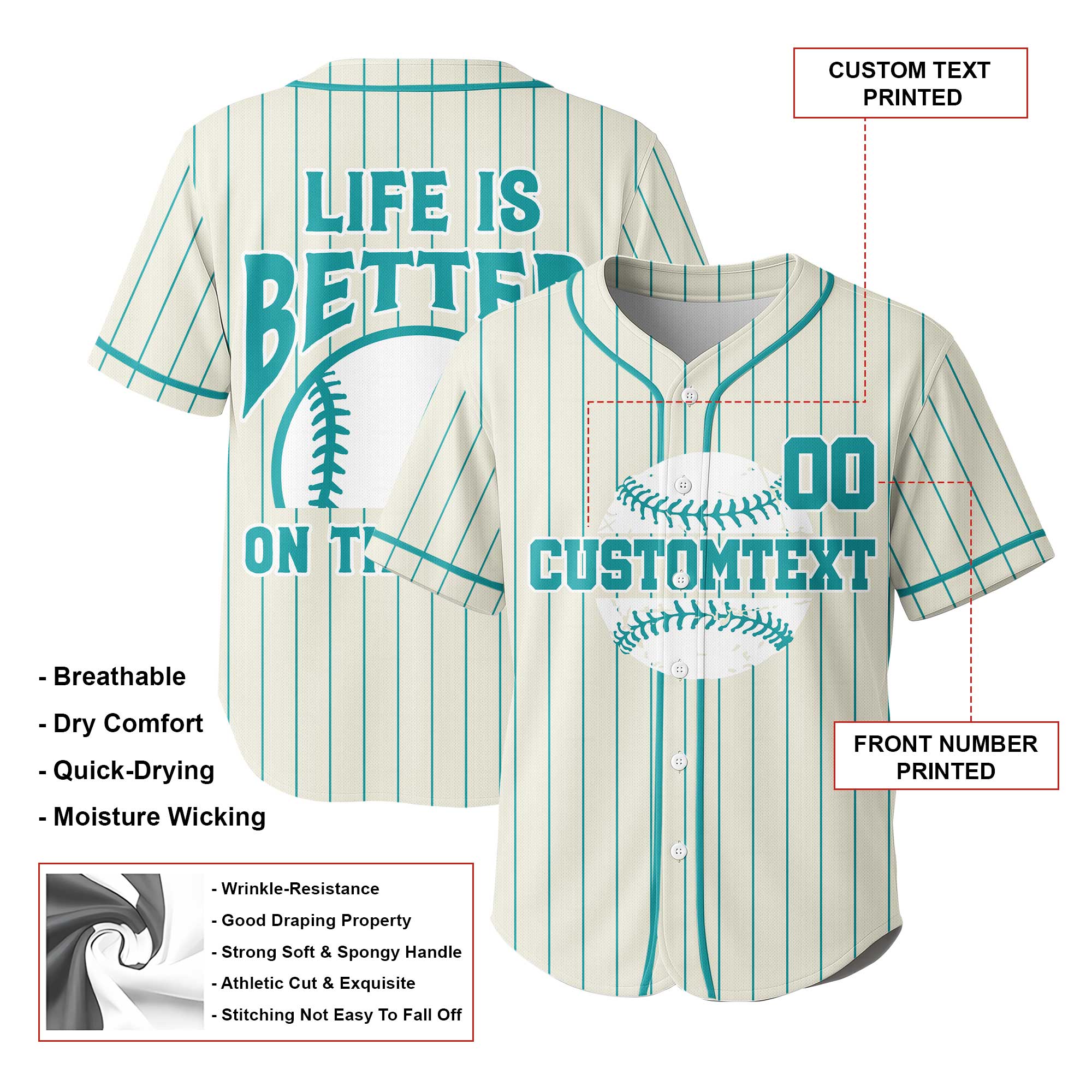 Life Is Better On The Field - Custom Cream Aqua Blue Baseball Jersey