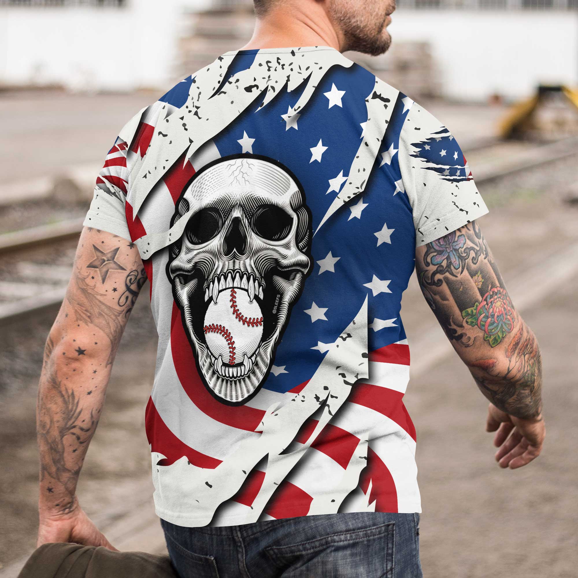 Baseball Skull All Over Print T-Shirt