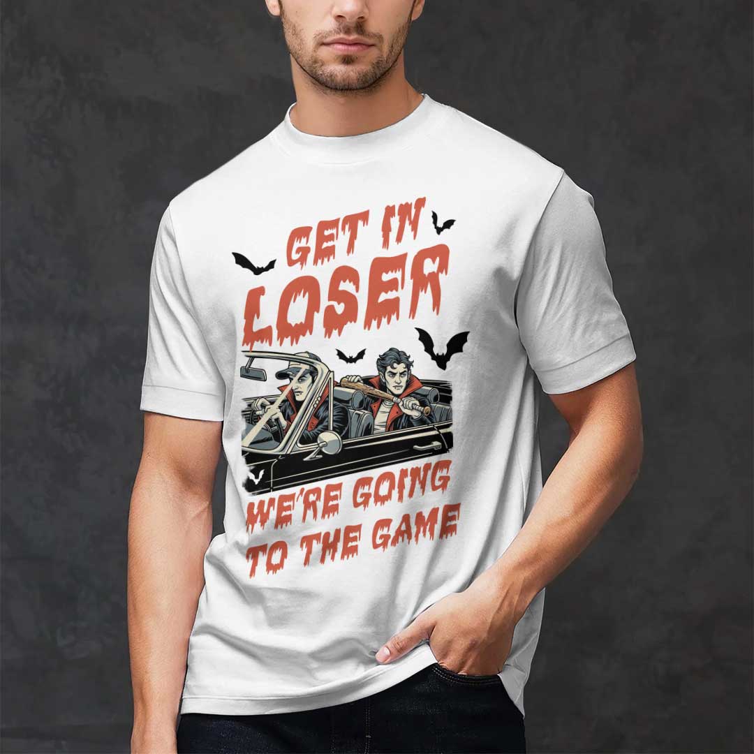 Get In Loser We're Going To The Game Black White Baseball Halloween T-Shirt