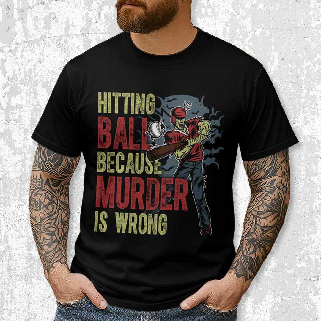 Hitting The Ball Black White Baseball Halloween T-Shirt