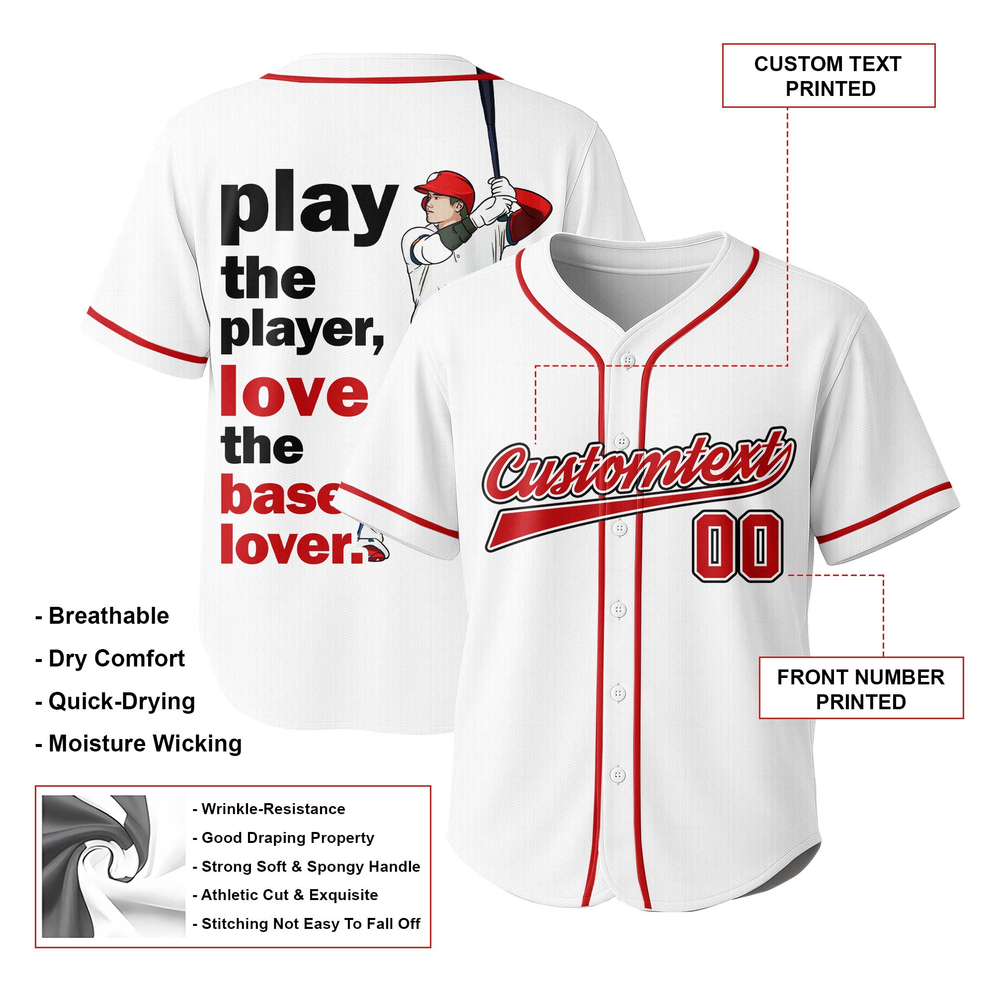 Love The Baseball Lover - Custom White Red Baseball Jersey