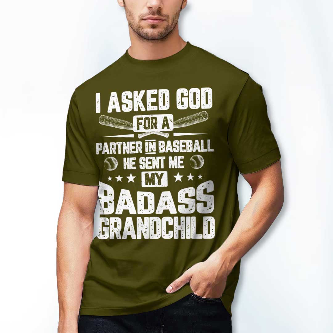 I Asked God For A Partner In Baseball - Military Green and Grey Baseball T-Shirt