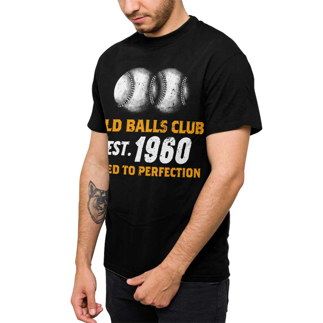 Old Balls Club Aged To Perfection - Black White Baseball T-Shirt