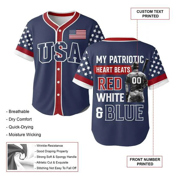 My Patriotic Heart Beats Red White & Blue - Men's American Flag Baseball Jersey 4th - Custom Name Custom Number