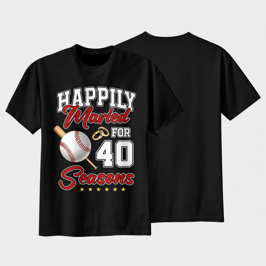 Happily Married For Many Seasons - Black White Baseball Couple T-Shirt
