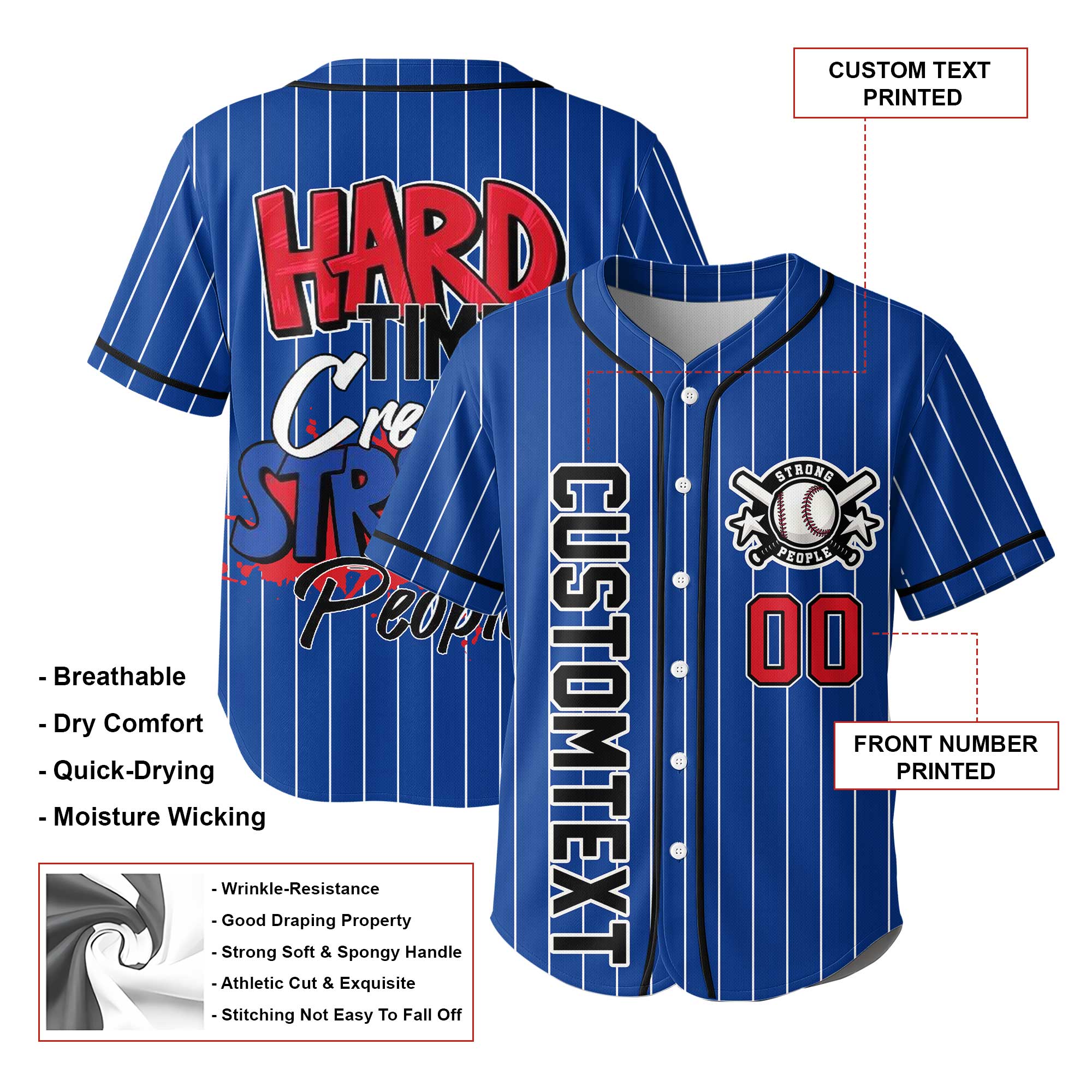 Hard Times Create Strong People - Custom Royal Blue Black Baseball Jersey