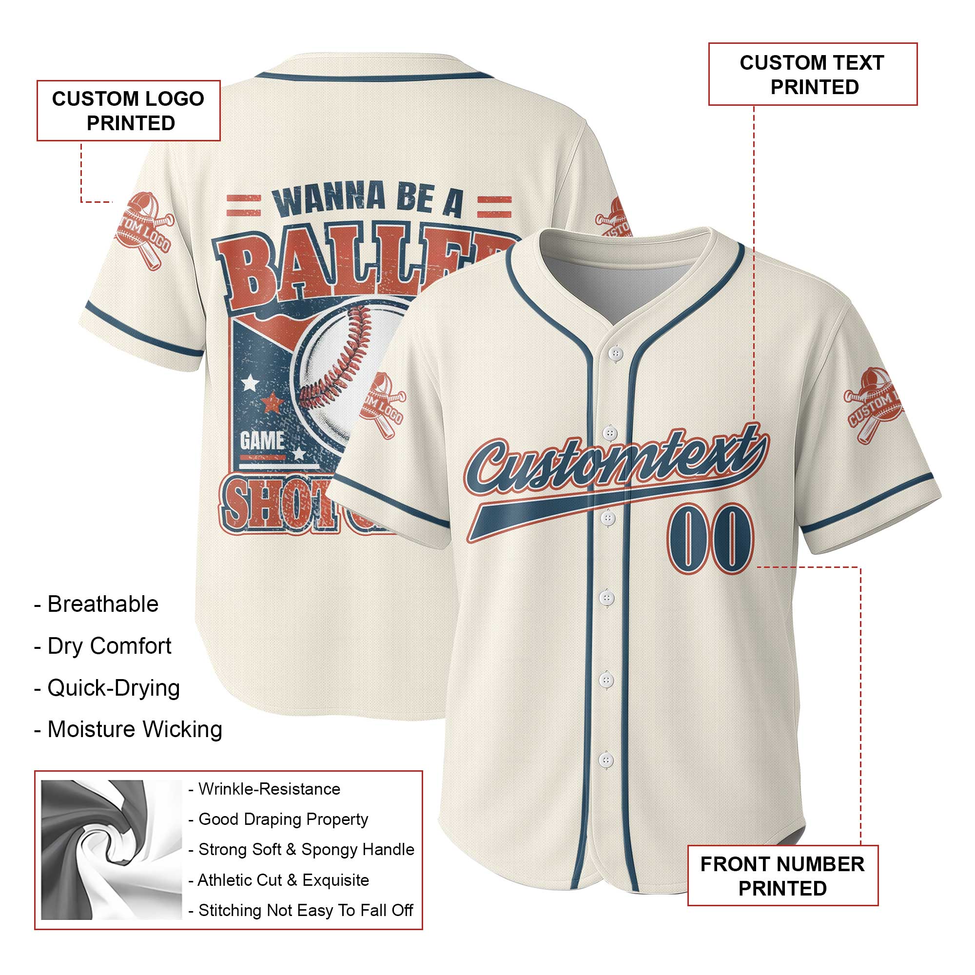 Wanna Be A Baller Shot Caller - Custom Cream Navy White Baseball Jersey