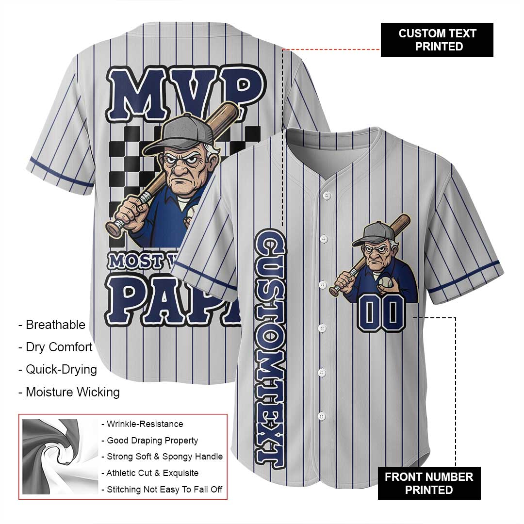 MVP Means Most Valuable Papa - Custom Grey with Navy Stripes Baseball Jersey