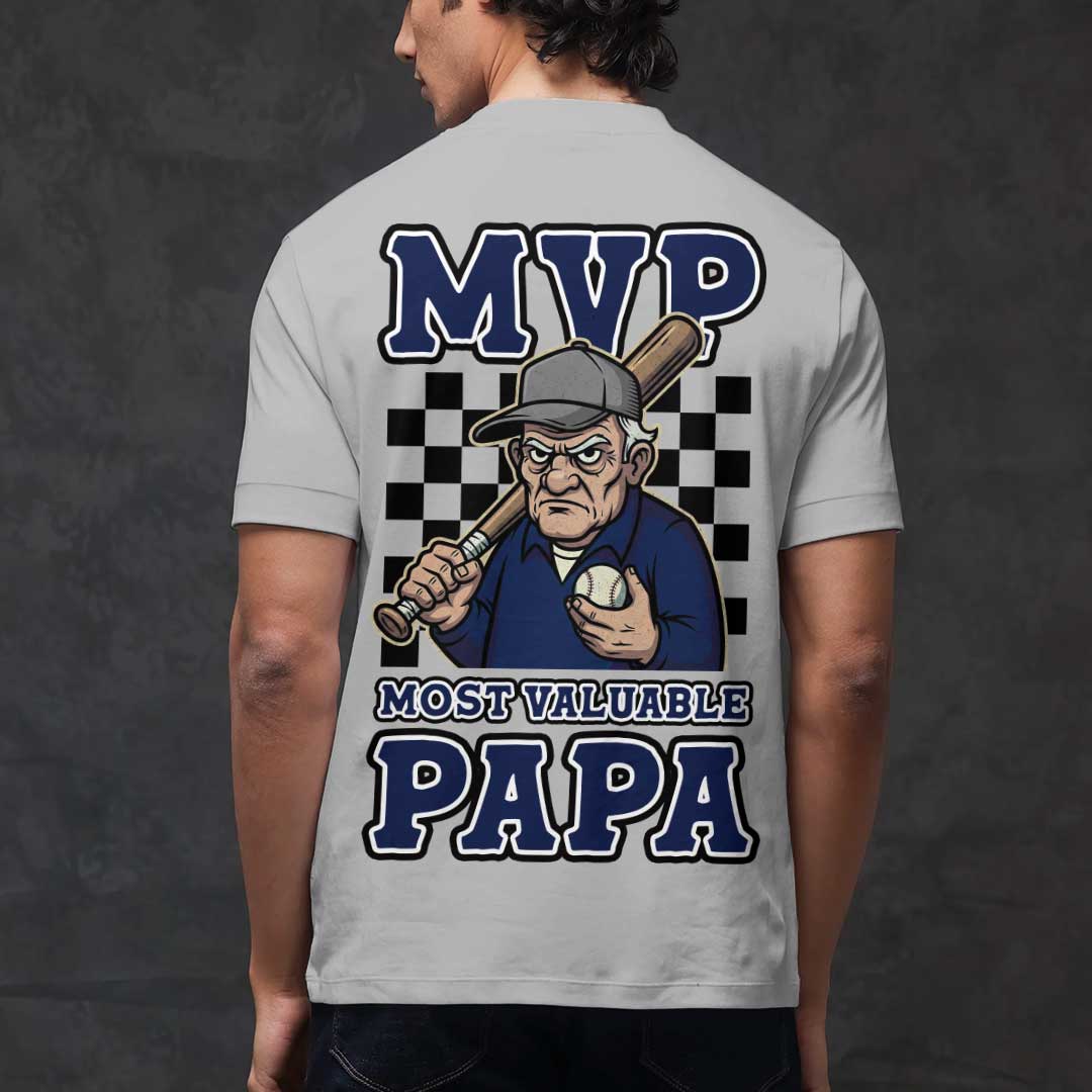 MVP Means Most Valuable Papa - Black Grey Two Sided Baseball T-Shirt