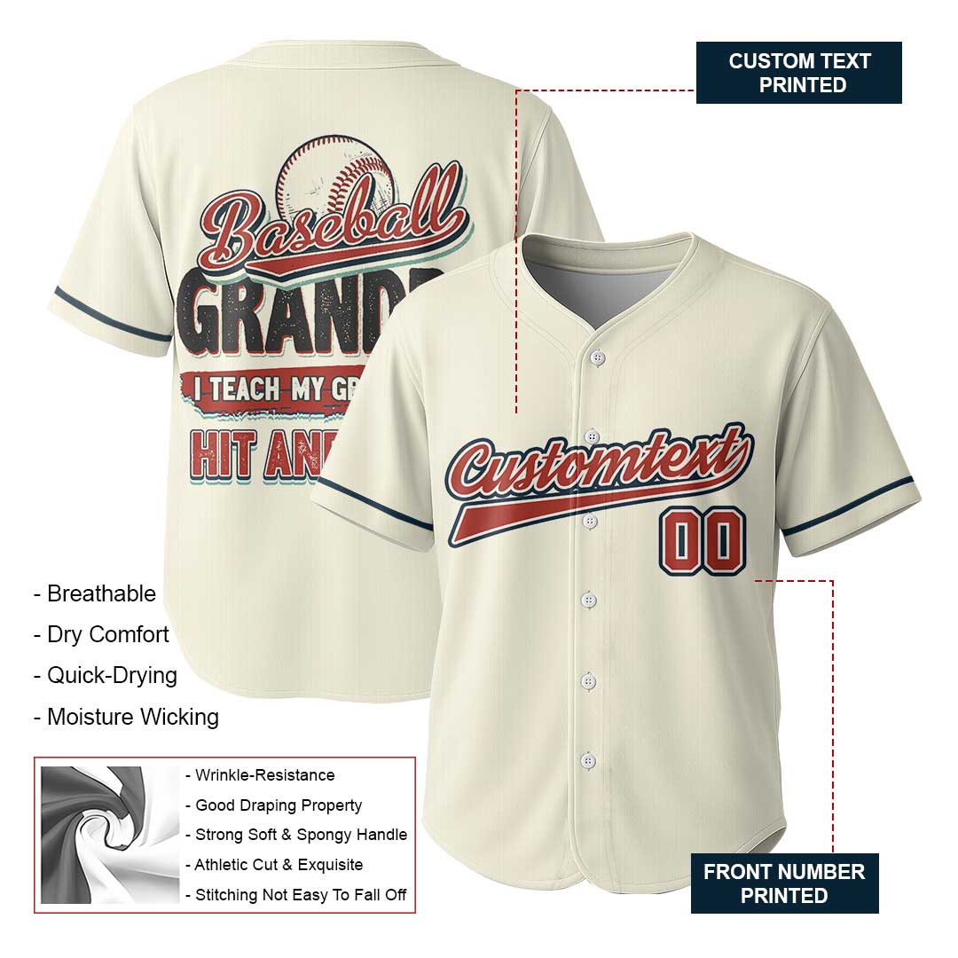 Grandpa Baseball I Teach My Grandkid To Hit And Steal - Custom Cream Baseball Jersey