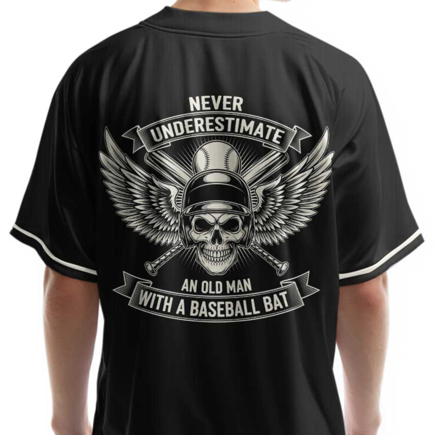 Never Underestimate Old Man - Custom Black Baseball Jersey