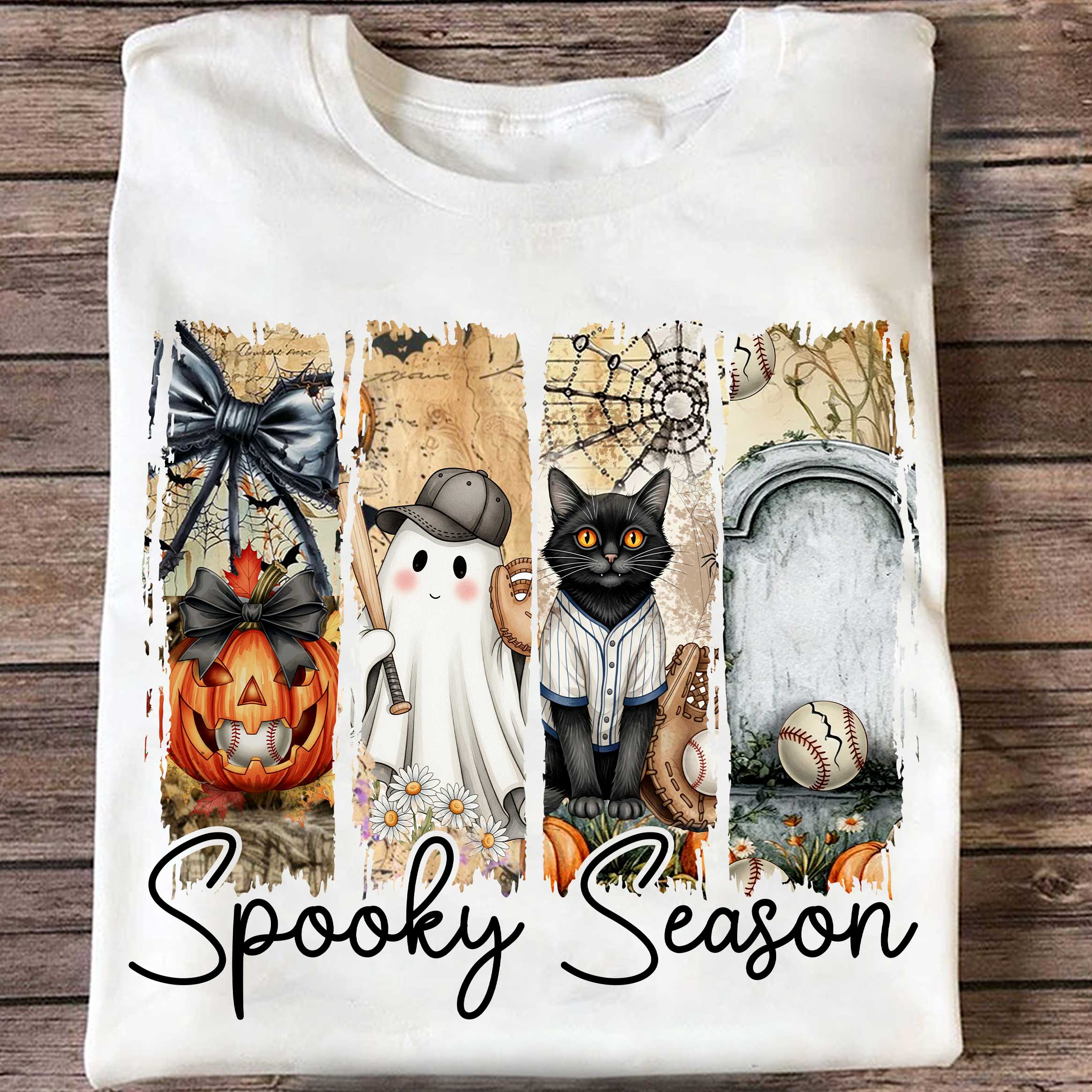 Spooky Season Black White Baseball Halloween T-Shirt