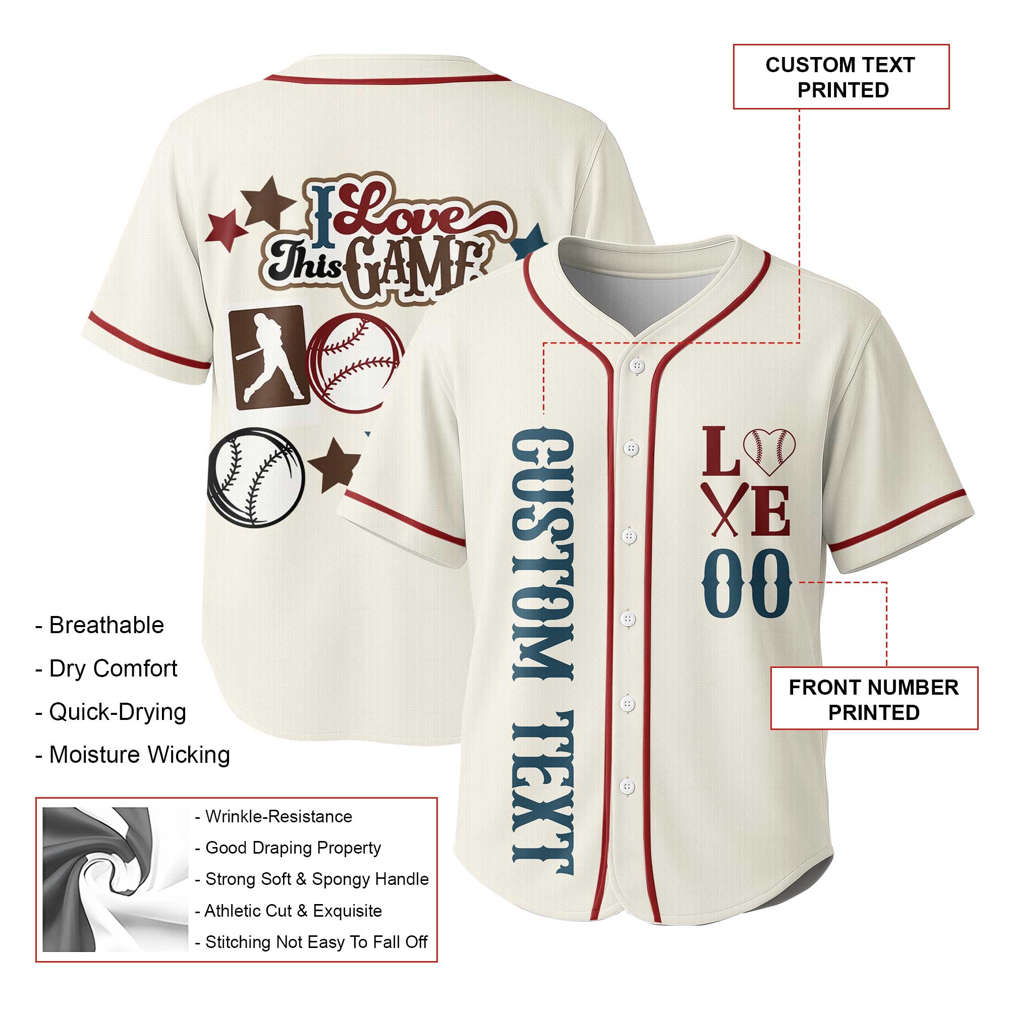 I Love Baseball - Custom Cream Red Baseball Jersey