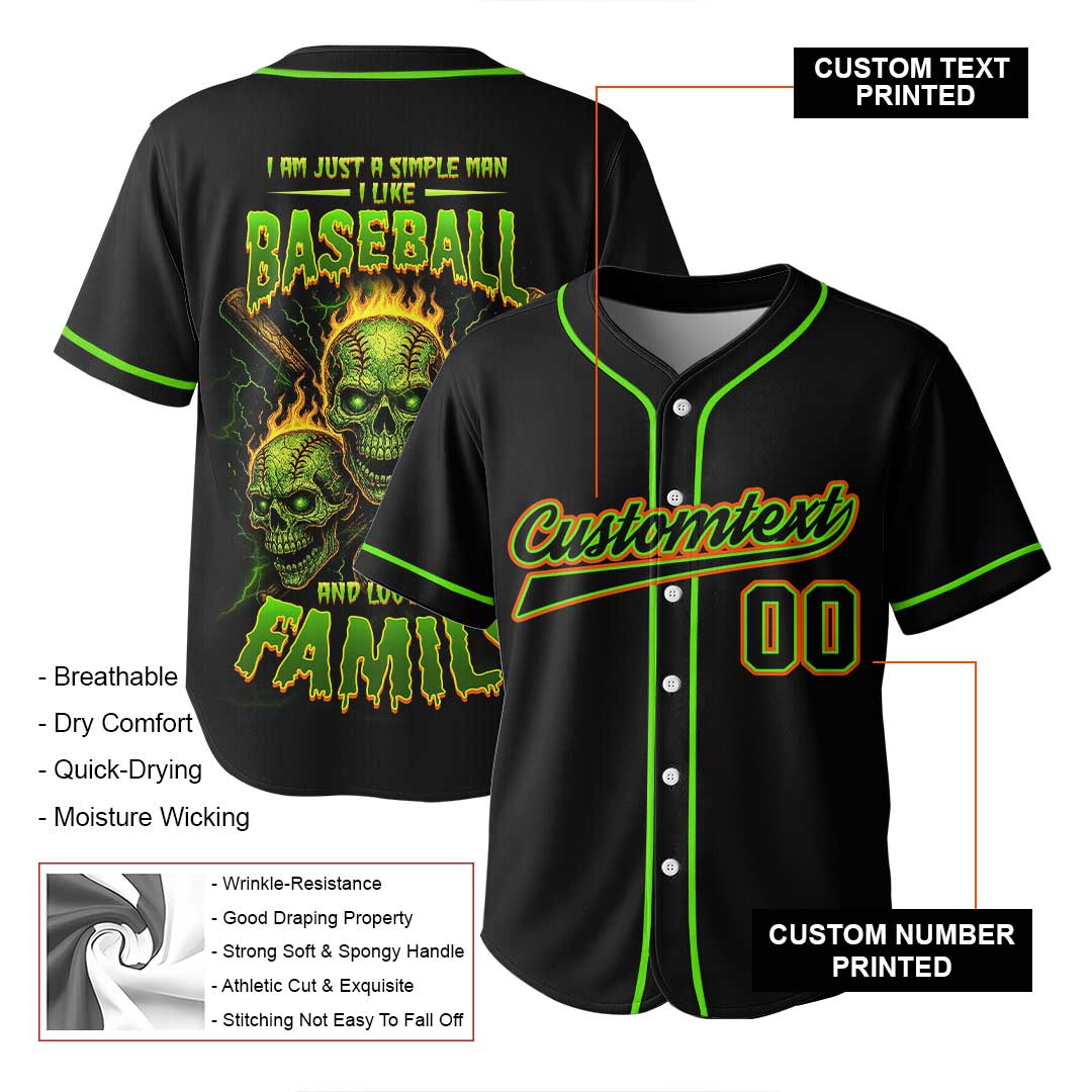 True Man Likes Baseball and Loves His Family - Custom Black Skull Baseball Jersey
