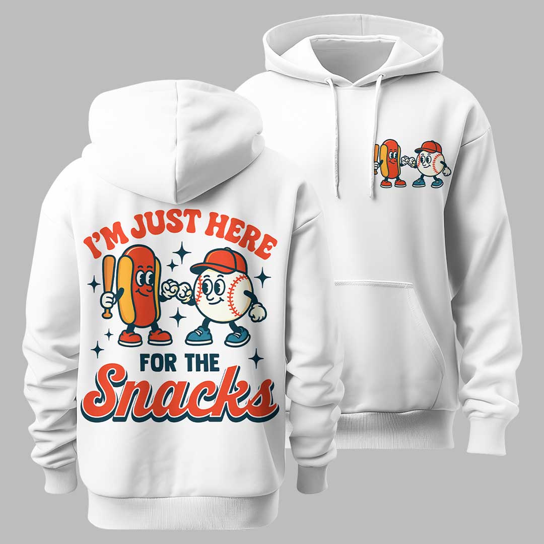 I'm Just Here For The Snacks - Custom Black White Baseball Hoodie